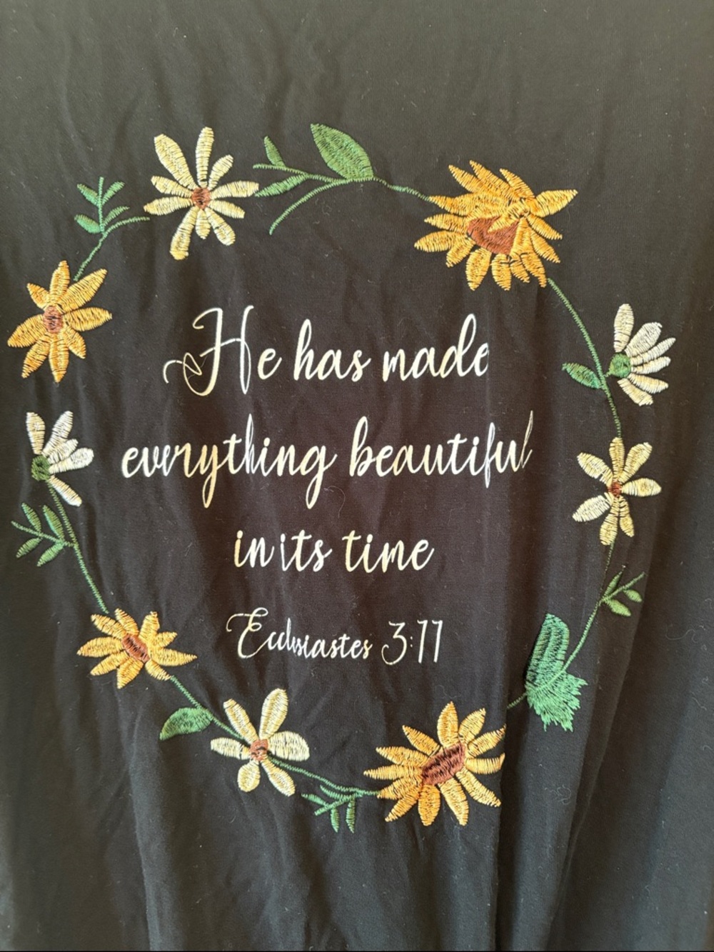 M Alter ‘d state Black Floral Scripture Tee Yellow & White Embroidered Flowers